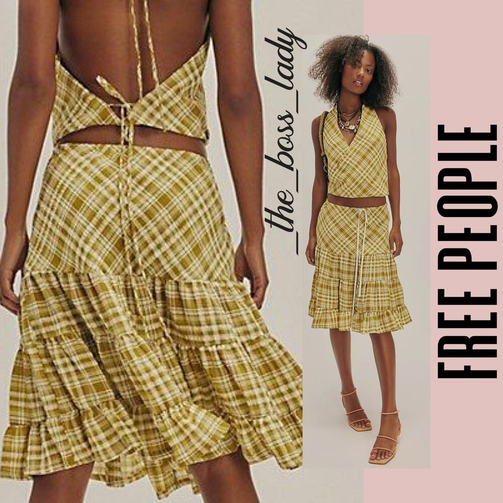 Free People skirt set co-ord top and skirt plaid matching set boho XS